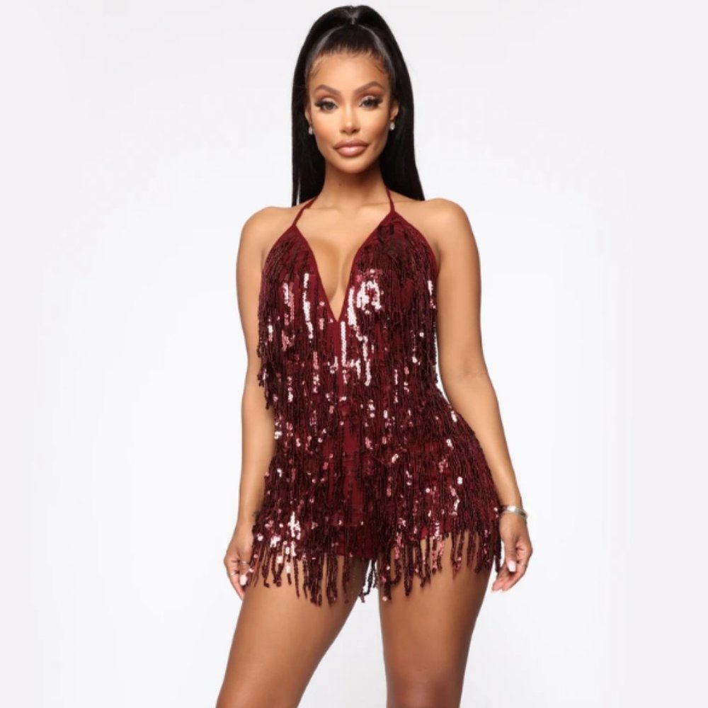 Sparks Fly Sequin Romper - Burgundy